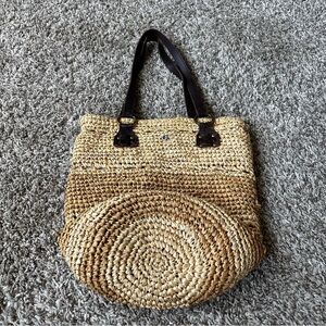 Woven Straw Tote Bag with medium Brown lesther Handles Flora  Bella